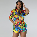 Printing Button Up Shirt Crop Tops Shorts 2 Piece Set TE-4598