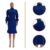 Knitted Ruffles Hem Turtleneck Knee-length Midi Dress TR-1232