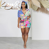 Printing Button Up Shirt Crop Tops Shorts 2 Piece Set TE-4598