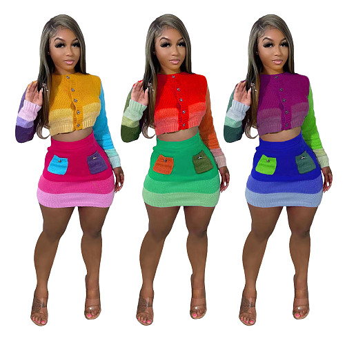 Color Block Patchwork Knitting Crop Top Mini Skirt 2 Pcs Set TR-1233