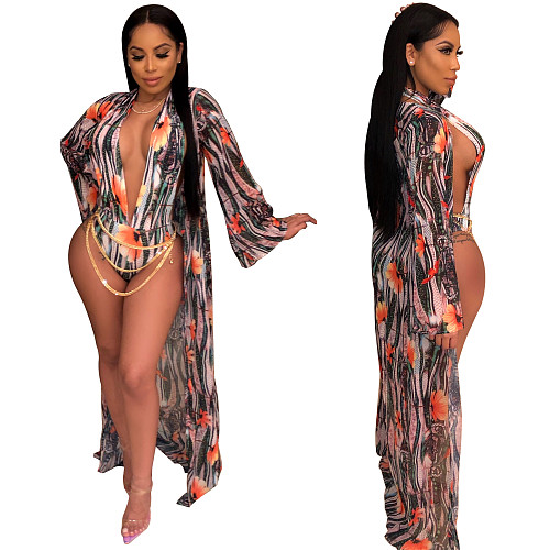 Fashion Print Cape Bikini Swimsuits Backless Bodysuits 2Pieces YS-8318