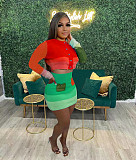 Color Block Patchwork Knitting Crop Top Mini Skirt 2 Pcs Set TR-1233