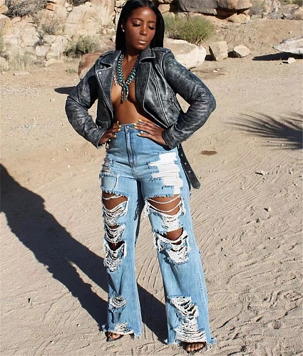 Ripped Holes High Waist Denim Wide Leg Pants OLY-6081