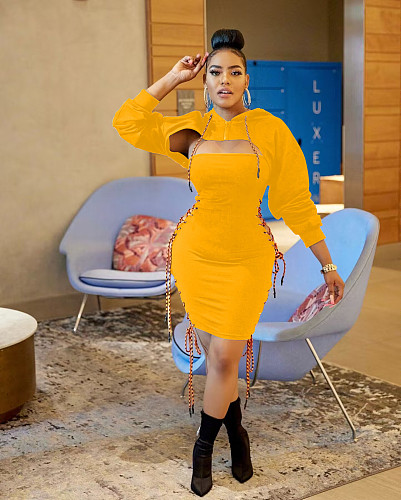 Hooded Pullover Crop Top Side Lace Up Dresses 2 pcs Set BS-1323