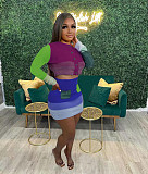 Color Block Patchwork Knitting Crop Top Mini Skirt 2 Pcs Set TR-1233