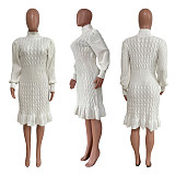 Knitted Ruffles Hem Turtleneck Knee-length Midi Dress TR-1232