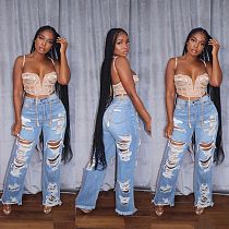 Ripped Holes High Waist Denim Wide Leg Pants OLY-6081