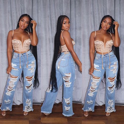 Ripped Holes High Waist Denim Wide Leg Pants OLY-6081
