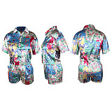 Printing Button Up Shirt Crop Tops Shorts 2 Piece Set TE-4598