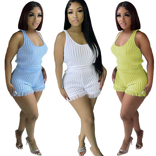Solid Color Tassel Hem Tank Top 2 Piece Short Sets LP-66869
