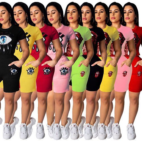 Casual Eyes Lips Sequins Round Neck Short Sleeve Set YS-8329