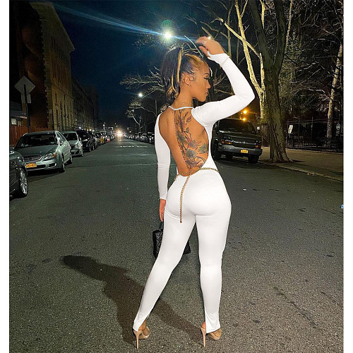 Solid Long Sleeve Backless Skinny One Piece Jumpsuit ASL-6602