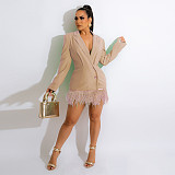 Feather Hem Long Sleeve Notched Neck Blazer Dress HANI-091