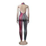 Halter Backless Printed Mesh Bodycon Clubwear Jumpsuit NY-7251