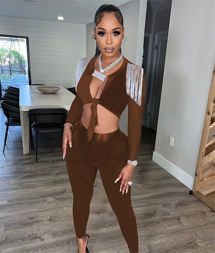 Tassel Long Sleeve Crop Tops Leggings 2 Piece Sets YD-8646