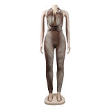 Halter Backless Printed Mesh Bodycon Clubwear Jumpsuit NY-7251