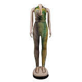 Halter Backless Printed Mesh Bodycon Clubwear Jumpsuit NY-7251