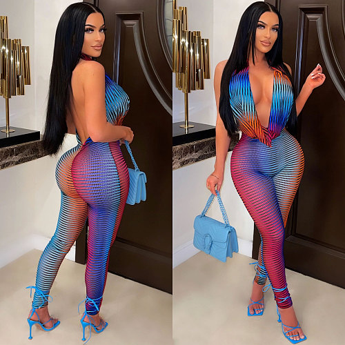 Halter Backless Printed Mesh Bodycon Clubwear Jumpsuit NY-7251