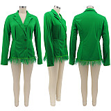 Feather Hem Long Sleeve Notched Neck Blazer Dress HANI-091