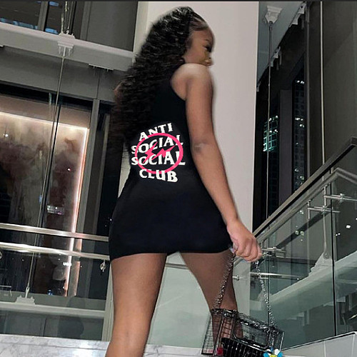 Letter Printed Sleeveless Mini Bodycon Tank Dresses SH-390376