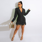 Feather Hem Long Sleeve Notched Neck Blazer Dress HANI-091