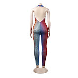 Halter Backless Printed Mesh Bodycon Clubwear Jumpsuit NY-7251