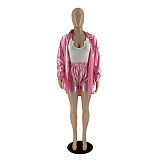 Satin Loose Long Sleeve Shirt and Shorts Two Piece Set YB-60181