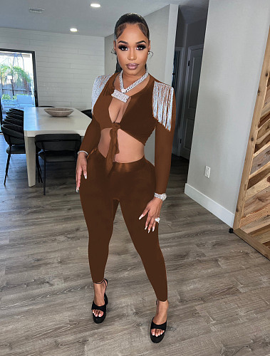 Tassel Long Sleeve Crop Tops Leggings 2 Piece Sets YD-8646