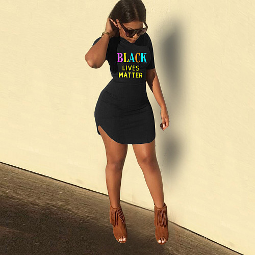 Casual Letter Print O Neck Short Sleeve Mini Dress SH-390375
