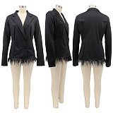 Feather Hem Long Sleeve Notched Neck Blazer Dress HANI-091