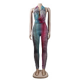 Halter Backless Printed Mesh Bodycon Clubwear Jumpsuit NY-7251