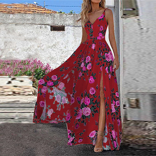 Fashion Printed Women's Split V-neck Straps Maxi Dressed YF-5092