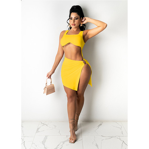 Sexy Girls Solid Color Hollow Out Split Mini Nightclub Dress XT-8865