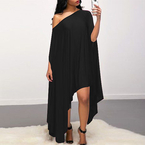 Sexy Solid Color Skew Collar Batwing Sleeve Midi Dress YF-5078