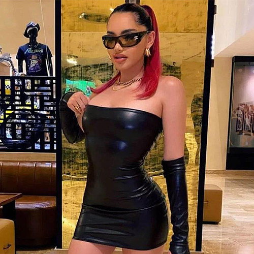 Sexy Strapless Women Black Mini Club Dress (With Oversleeve) WDS-231220