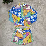 Floral Print Long Sleeve Single Breasted Shirt Shorts Set CY-7044