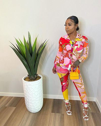 Women Fashion Print Long Sleeve Blouse Shirt Casual Skinny Pants Autumn Office Lady Two Piece Set CY-7017