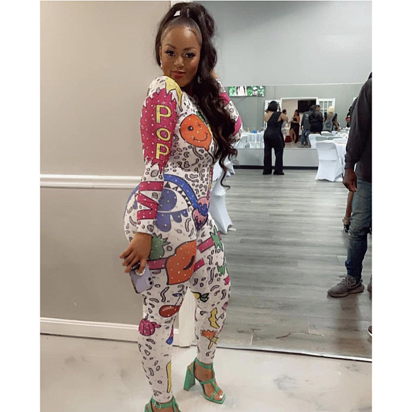 Smiley Graffiti Print Long Sleeve Casual Jumpsuit CY-6546