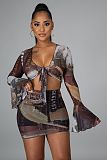 US Money Print Long Sleeve Tie Up Crop Top Mini Skirt Set CY-2397