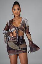 US Money Print Long Sleeve Tie Up Crop Top Mini Skirt Set CY-2397