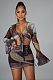 US Money Print Long Sleeve Tie Up Crop Top Mini Skirt Set CY-2397