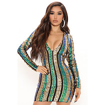 Colorful Striped Sequins Deep V Neck Backless Dress CY-6583