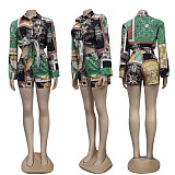 Floral Print Long Sleeve Single Breasted Shirt Shorts Set CY-7044