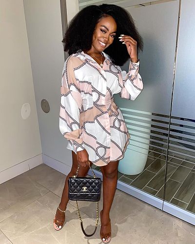 Women Clothing Summer Sexy Print Long Sleeve Turn Down Collar Fitted Waist A-Shaped Shirt CY-7012