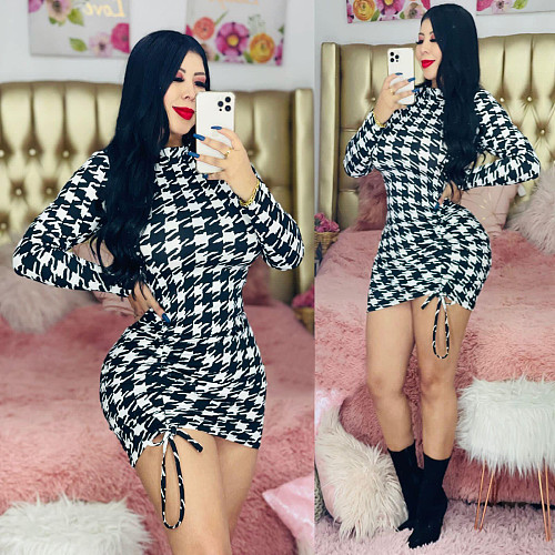 Houndstooth Long Sleeve O Neck Drawstring Skinny Dress CY-7091