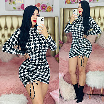 Houndstooth Long Sleeve O Neck Drawstring Skinny Dress CY-7091 Houndstooth Long Sleeve O Neck Drawstring Skinny Dress CY-7091