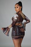 US Money Print Long Sleeve Tie Up Crop Top Mini Skirt Set CY-2397
