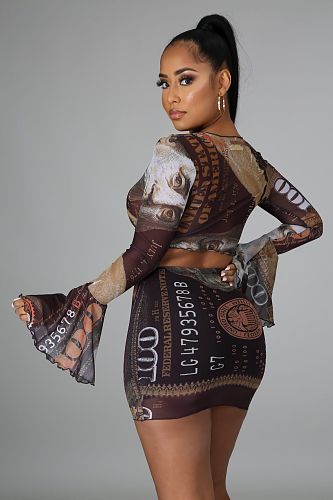 US Money Print Long Sleeve Tie Up Crop Top Mini Skirt Set CY-2397