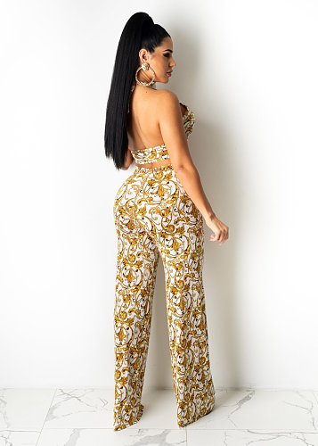 Women Sexy Printed Sleeveless Cross Wrap Halter Crop Tops Losse Wide Leg Pants Summer Two Piece Set CY-7007