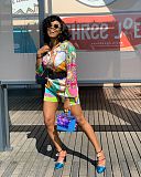 Floral Print Long Sleeve Single Breasted Shirt Shorts Set CY-7044